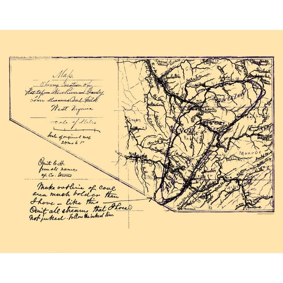 Historic Mine Map - Lower Measures Coal Fields West Virginia - Anon 1880 - 23 x 29 - Vintage Wall Art