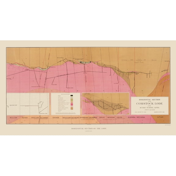 Historic Mine Map - Nevada Comstock Lode Sutro Tunnel Geology - Becker 1882 - Vintage Wall Art