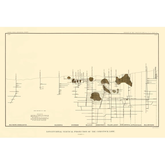 Historic Mine Map - Nevada Comstock Lode Vertical Projection 2 - Becker 1882 - Vintage Wall Art