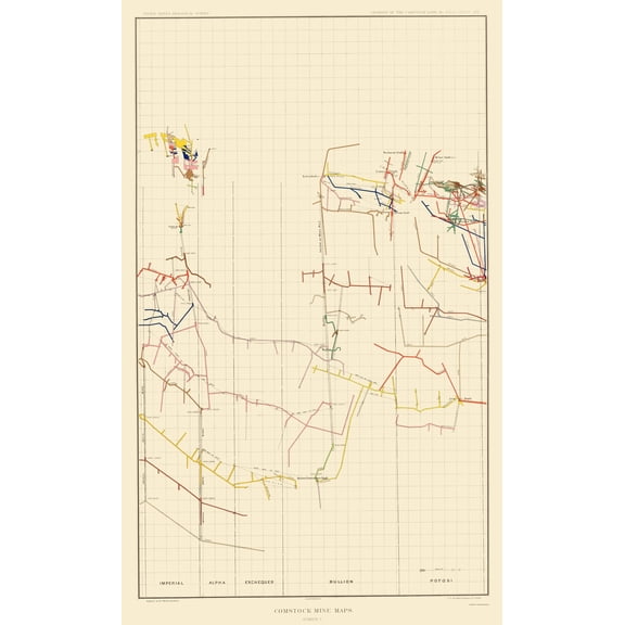Historic Mine Map - Nevada Comstock Mine Number Five - Becker 1882 - 23 x 37.66 - Vintage Wall Art