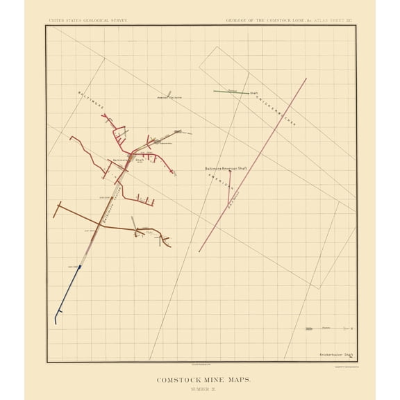 Historic Mine Map - Nevada Comstock Mine Number Nine - Becker 1882 - 23 x 26 - Vintage Wall Art