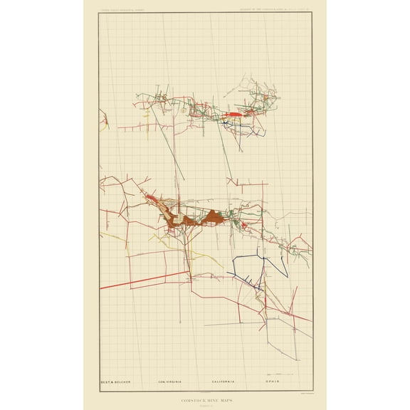 Historic Mine Map - Nevada Comstock Mine Number Three - Becker 1882 - 23 x 38 - Vintage Wall Art