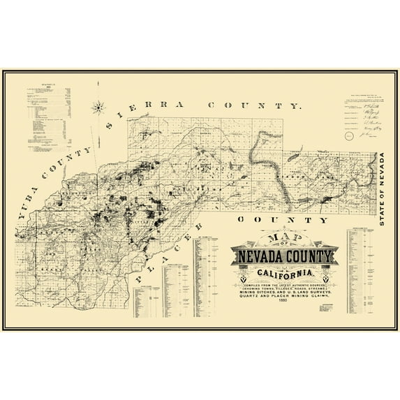 Historic Mine Map - Nevada County California - Hartwell 1880 - Vintage Wall Art