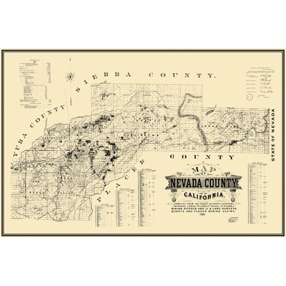 Historic Mine Map - Nevada County California - Hartwell 1880 - Vintage Wall Art