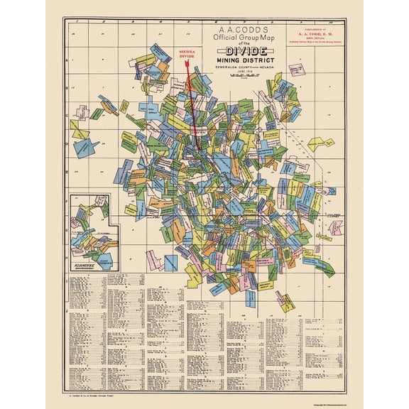 Historic Mine Map - Nevada Divide Mining District  - Codd 1919 - 23 x 29.5 - Vintage Wall Art