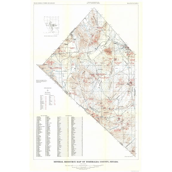 Historic Mine Map - Nevada Esmeralda County Mineral Mines - USGS 1960 - Vintage Wall Art
