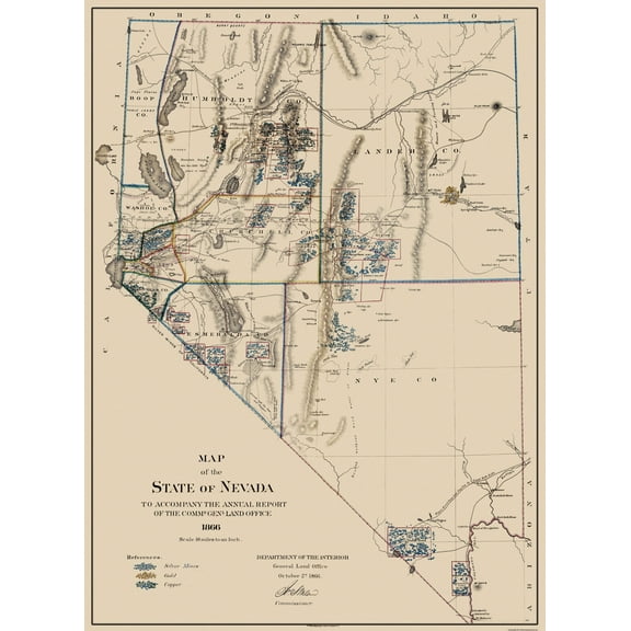 Historic Mine Map - Nevada Gold Silver Copper Mines - USGS 1866 - 23 x 31.44 - Vintage Wall Art