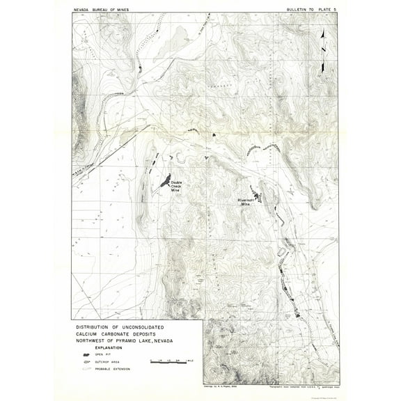 Historic Mine Map - Nevada Lake Pyramid Calcium Mines - USGS 1966 - Vintage Wall Art