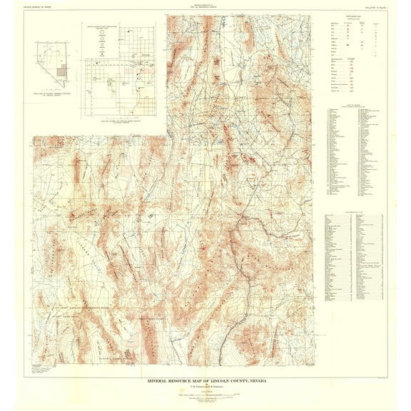 Historic Mine Map - Nevada Lincoln County Mineral Mines - Tschanz 1954 - 24.68 x 23 - Vintage Wall Art