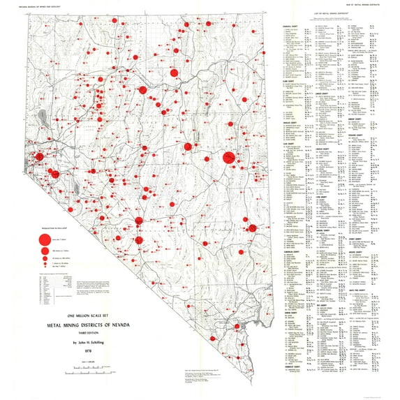 Historic Mine Map - Nevada Metal Mining Districts - Schilling 1976 - 23 x 24.56 - Vintage Wall Art