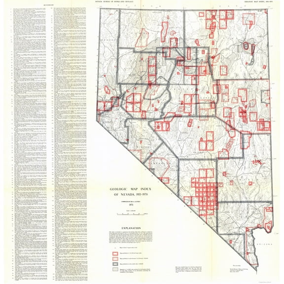 Historic Mine Map - Nevada Mines Geologic Index - Lutsey 1955 - 23 x 23.62 - Vintage Wall Art