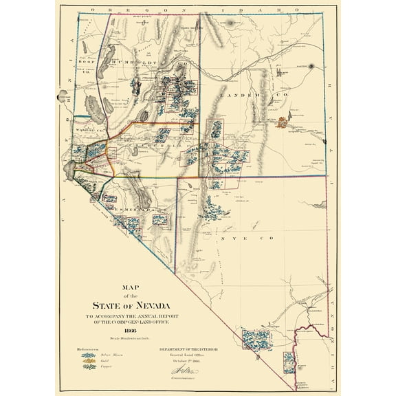 Historic Mine Map - Nevada Mining - General Land Office 1866 - 23 x 31.77 - Vintage Wall Art