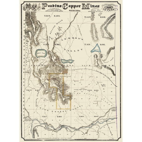 Historic Mine Map - Nevada Peavine Copper Mines - Hatch 1867 - 23 x 31.63 - Vintage Wall Art