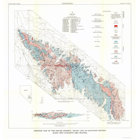Historic Mine Map - Nevada Pioche District Castleton Ore Channel Mines - USGS 1949 - 23 x 24.22 - Vintage Wall Art