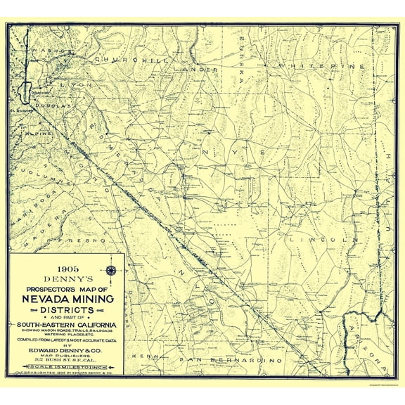 Historic Mine Map - Nevada Prospectors Mining District - Denny 1905 - 25.13 x 23 - Vintage Wall Art
