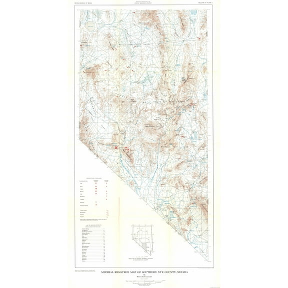 Historic Mine Map - Nevada Southern Nye County Minerals Mines - Cornwall 1954 - 23 x 43.16 - Vintage Wall Art