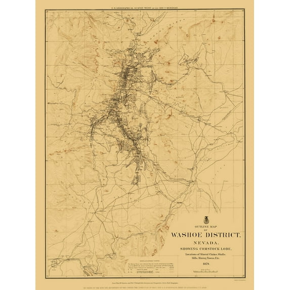 Historic Mine Map - Nevada Washoe District Outline Comstock Lode - USGS 1879 - Vintage Wall Art