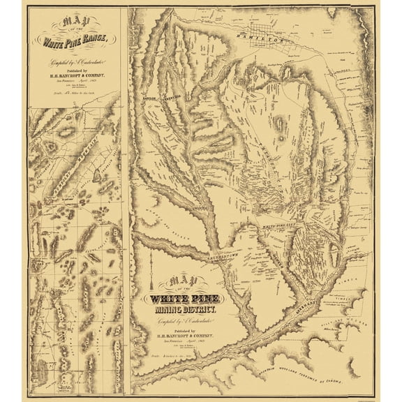 Historic Mine Map - Nevada White Pine Range Mining - Bancroft 1869 - Vintage Wall Art