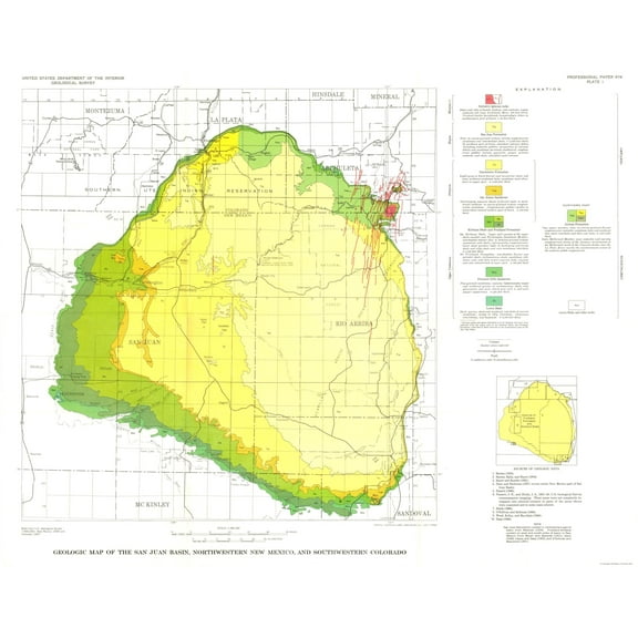 Historic Mine Map - San Juan Basin New Mexico Colorado - USGS 1959 - 29.41 x 23 - Vintage Wall Art