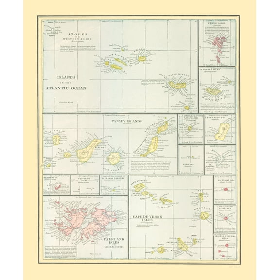 Historic Nautical Map - Atlantic Ocean Islands - Cram 1889 - 23 x 27.62 - Vintage Wall Art