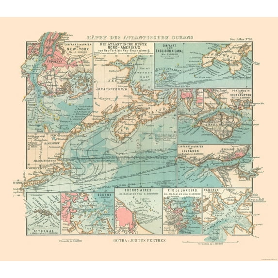 Historic Nautical Map - Atlantic Ocean Ports - Perthes 1914 - Vintage Wall Art