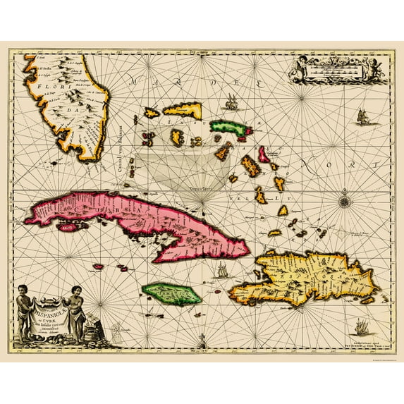 Historic Nautical Map - Bahamas Cuba Jamaica Sea Chart - Jansson 1650 - 23 x 28 - Vintage Wall Art
