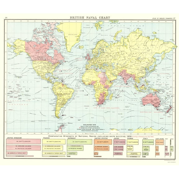 Historic Nautical Map - British Global Naval Chart - Newnes 1907 - Vintage Wall Art