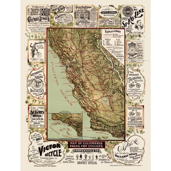 Historic Nautical Map - California Cyclers - Blum 1895 - Vintage Wall Art