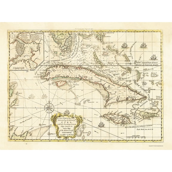 Historic Nautical Map - Cuba Currents Ships Courses - 1762 - 23 x 30.95 - Vintage Wall Art