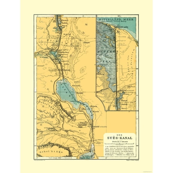 Historic Nautical Map - Egypt Suez Canal - Baedeker 1913 - Vintage Wall Art