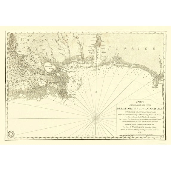 Historic Nautical Map - Florida Louisiana Gulf Coast - Sartine 1778 - 23 x 33.11 - Vintage Wall Art