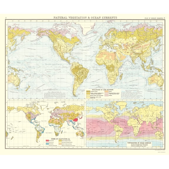 Historic Nautical Map - Global Natural Vegetation Ocean Currents - Bartholomew 1907 - 23 x 27 - Vintage Wall Art