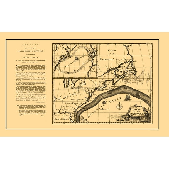 Historic Nautical Map - Gulf Stream Atlantic Ocean US Canada - Franklin 1786