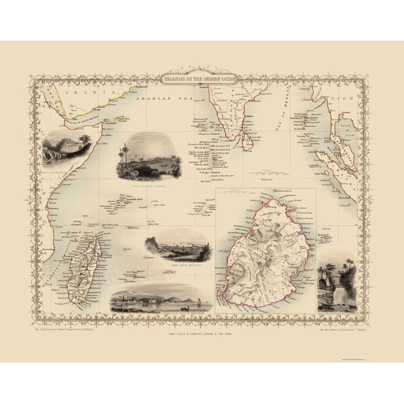 Historic Nautical Map - Indian Ocean Islands - Tallis 1851 - 23 x 28.83 - Vintage Wall Art