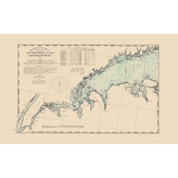 Historic Nautical Map - Long Island Sound New York to Norwalk - Hurd 1893 - 23 x 37.16 - Vintage Wall Art