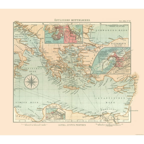 Historic Nautical Map - Mediterranean Sea Eastern - Perthes 1914 - 26.14 x 23 - Vintage Wall Art