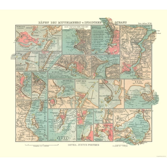 Historic Nautical Map - Mediterranean Sea Indian Ocean Ports - Perthes 1914