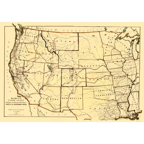 Historic Nautical Map - Mississippi River Western Mail Routes - Boyd 1867 - Vintage Wall Art