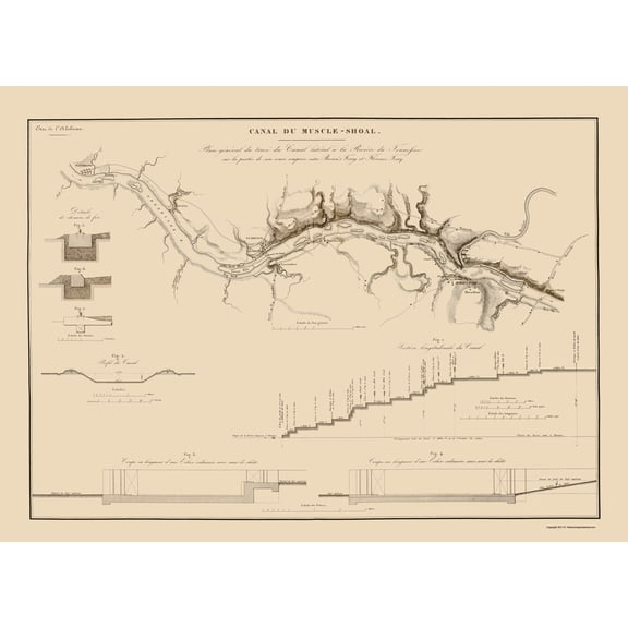 Historic Nautical Map - Muscle Shoals Canal Alabama - Poussin 1834 - 23 x 31.68 - Vintage Wall Art