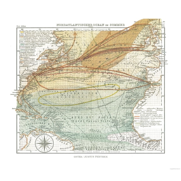 Historic Nautical Map - North Atlantic Ocean in Summer - Perthes 1914 - 26.17 x 23 - Vintage Wall Art