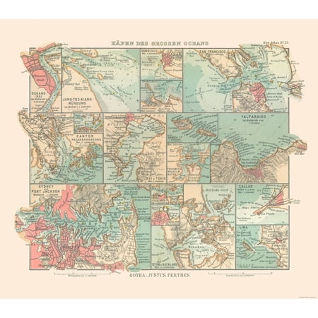 Historic Nautical Map - Pacific Ocean Major Port Cities - Perthes 1914 - Vintage Wall Art