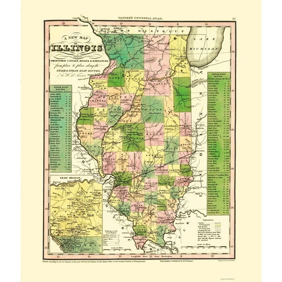 Historic Nautical Map - Stage Steam Boat Routes - Tanner 1836 - 23 x 26.89 - Vintage Wall Art
