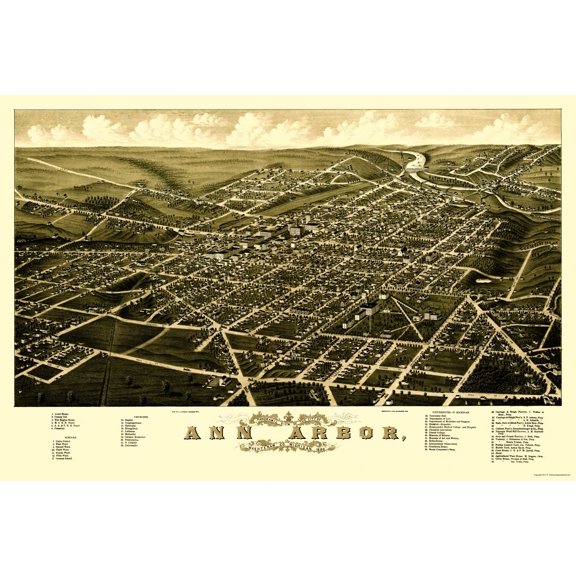 Historic Panoramic View - Ann Arbor Michigan - Beck 1880 - Vintage Wall Art