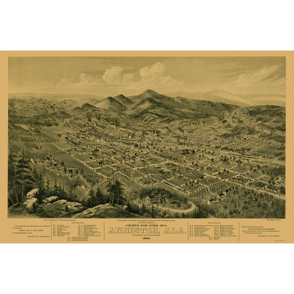 Historic Panoramic View - Anniston Alabama - Glover 1888 - Vintage Wall Art