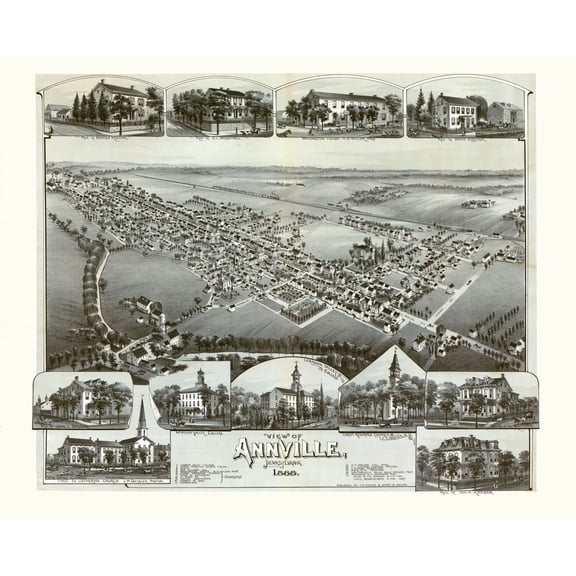 Historic Panoramic View - Annville Pennsylvania - Moyer 1888 - 28.54 x 23 - Vintage Wall Art