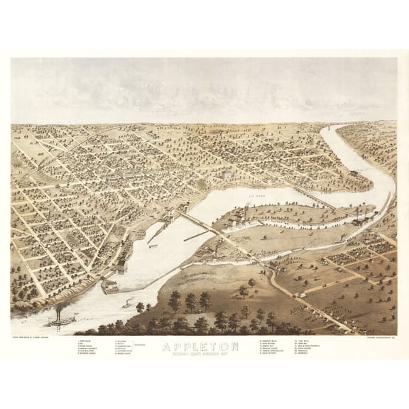 Historic Panoramic View - Appleton Wisconsin - Ruger 1867 - 30.30 x 23 - Vintage Wall Art
