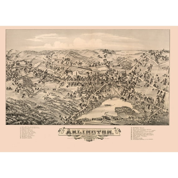 Historic Panoramic View - Arlington Massachusetts - Bailey 1884 - 32.44 x 23 - Vintage Wall Art