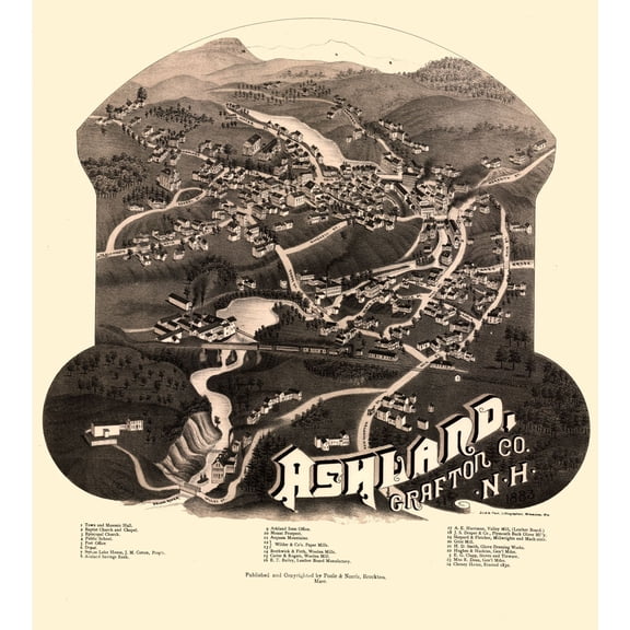 Historic Panoramic View - Ashland New Hampshire - Norris 1883 - 23 x 25.60 - Vintage Wall Art