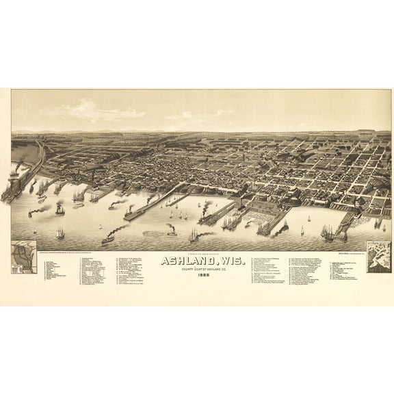 Historic Panoramic View - Ashland Wisconsin - Norris 1886 - Vintage Wall Art