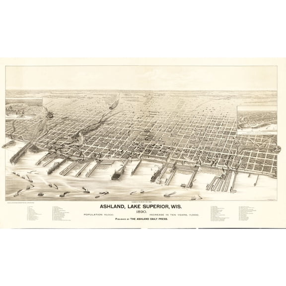 Historic Panoramic View - Ashland Wisconsin - Pauli 1890 - Vintage Wall Art